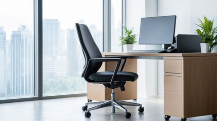 Modern Office Interior with Ergonomic Chair, Computer Desk, and City View Through Large Windows