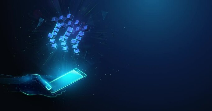 Lowpoly Animation of Blockchain Cubes Assembling over Smartphone in Hand. Blockchain technology and cryptocurrency fintech solution animated looped concept by wireframe mesh on blue background