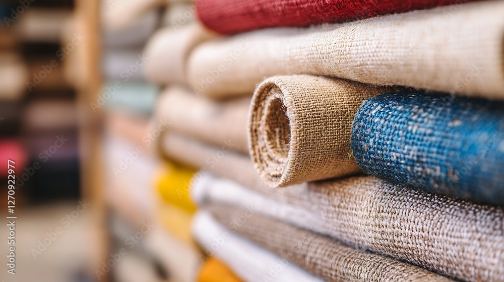Poster Rolls of colorful fabrics neatly arranged showcasing various textures and patterns : Generative AI
