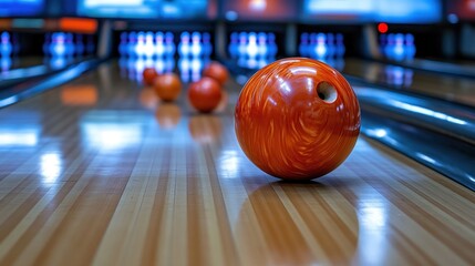 Bowling alley lane, orange ball rolling, pins blurred, night fun