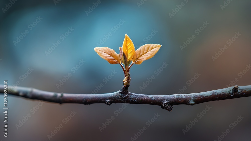 Poster delicate new leaves emerging on a twig in soft focus showcasing the beauty of nature in springtime :