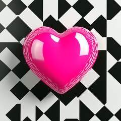 Glossy pink heart on a black and white geometric background