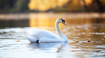 Elegant swan gracefully gliding across a reflective lake surrounded by autumn colors and fallen leaves : Generative AI