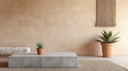 A minimalist desert-inspired eco-living room with clay plaster walls in warm beige