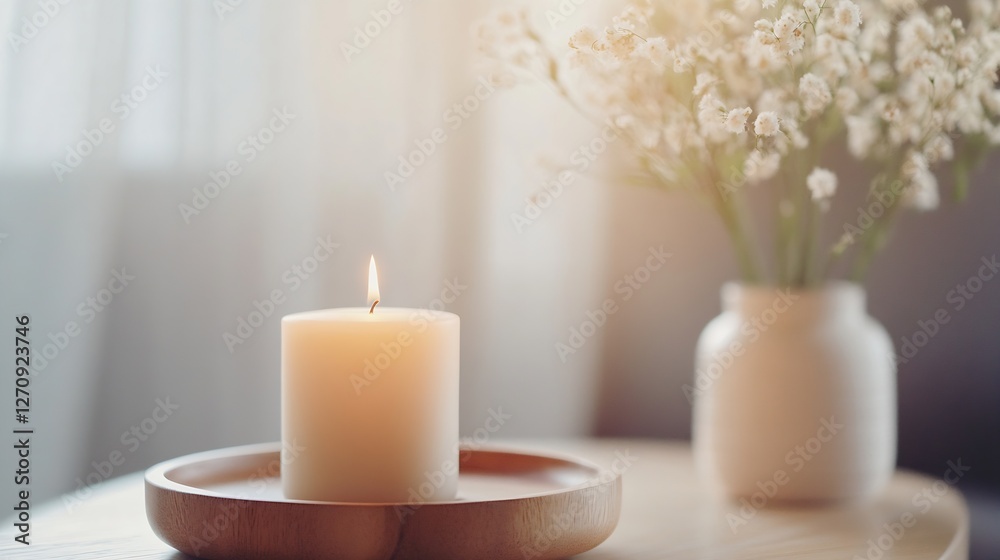 Poster minimalist candle arrangement on a wooden table beside a charming flower vase creating a warm atmosp
