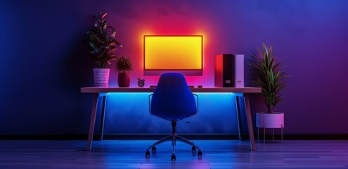 A modern home office with a sleek desk, ergonomic chair, and a glowing neon-lit monitor, creating a futuristic and stylish ambiance
