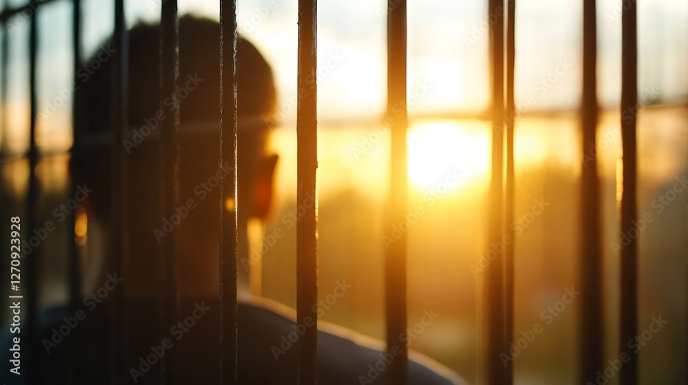 Poster Silhouette of a person looking through bars at a warm sunset creating a contemplative mood : Generative AI