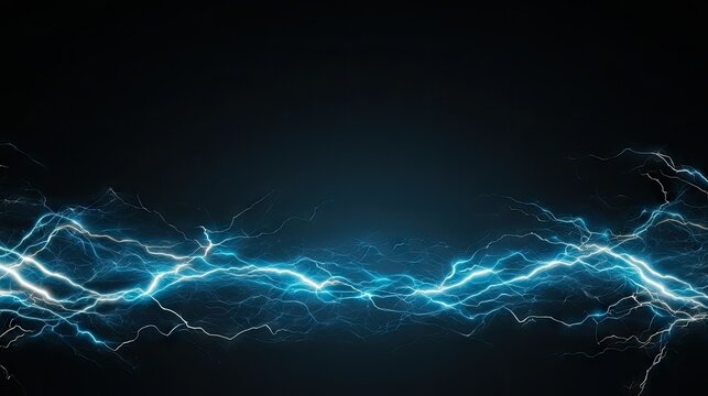 Bright blue lightning bolts streak across a dark background, creating a striking visual of energy and motion during a storm or electrical phenomenon