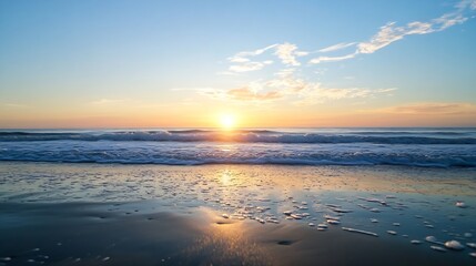 Fototapeta premium Stunning sunrise over a sandy beach with gentle waves and colorful reflections on the shore : Generative AI