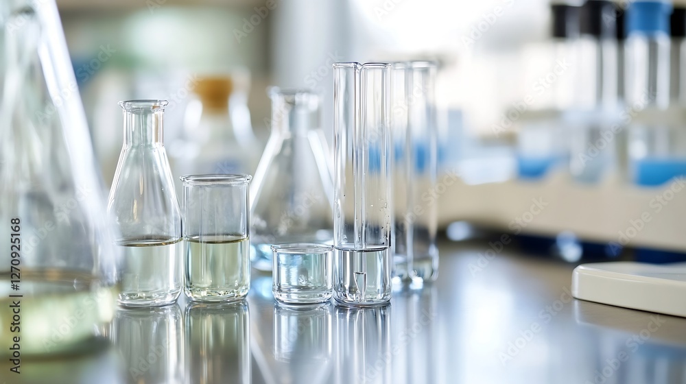 Poster set of laboratory glassware filled with clear liquids and solutions reflecting a modern scientific w