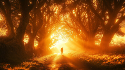 夕暮れの小道を歩くシルエット