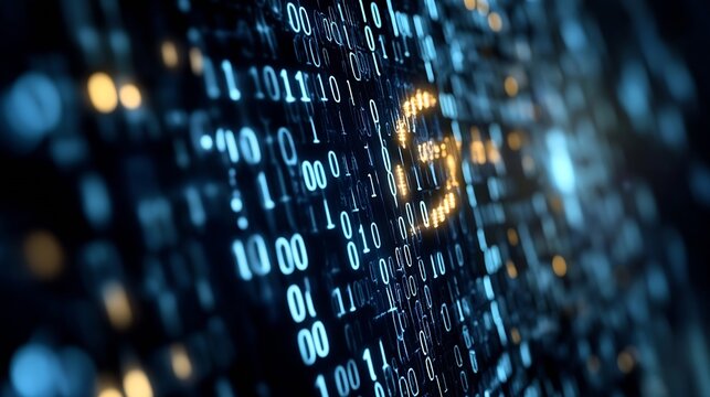 Closeup abstract view of binary code flowing representing data transmission and computing in modern technology : Generative AI - Powered by Adobe