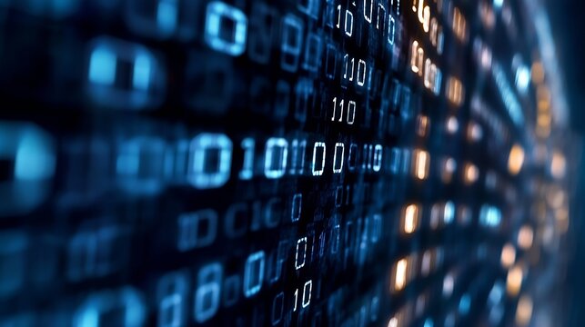 Abstract representation of binary code showcasing the digital world with glowing numbers and data flow in technology : Generative AI