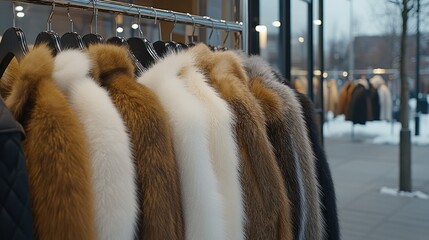 Stylish winter coats displayed on racks outside a boutique during a cold afternoon in a snow-covered urban area