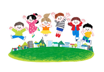 色鉛筆で描いた街の広場でジャンプする子供