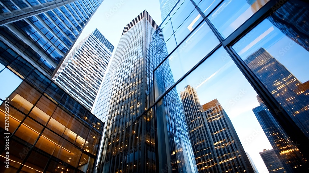 Poster high angle view of gleaming skyscrapers reflecting in glass windows in an urban cityscape : generati