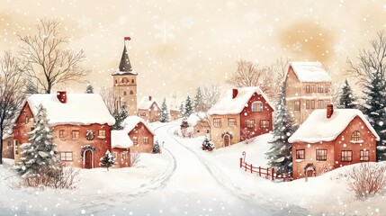 Fototapeta premium Imaginative watercolor painting of houses covered in snow and falling snowflakes depicting a whimsical winter scene.