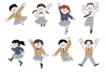 色鉛筆で描いたジャンプしている学生のイラストセット