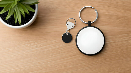 Realistic Keychain Mockup On Wooden Desk