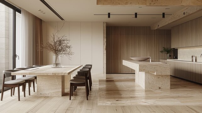 A minimalist dining table made of travertine