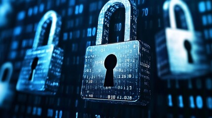 Security concept illustrated with digital padlocks surrounded by binary code in a hightech space : Generative AI