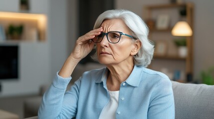 Elderly woman expressing concern while sitting on a couch in a modern living room during the daytime