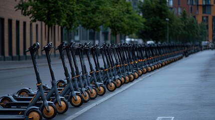 Obraz premium Electric scooters lined up along an urban street in the early morning light amidst quiet surroundings