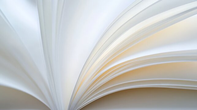 Blank white book pages fanned out in a soft light, creating a sense of simplicity and elegance, minimalist artistic composition.