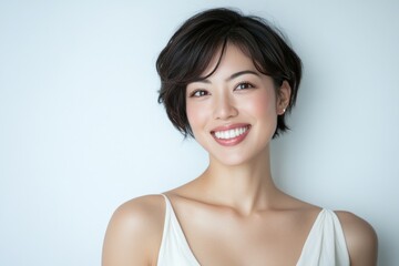 Portrait of a beautiful Asian woman with short hair, smiling against a white background.