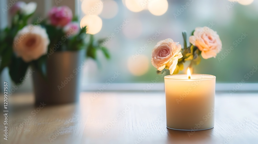 Poster Elegant Candle with Flower Arrangement on a Table with Soft Natural Light Streaming Through the Window : Generative AI