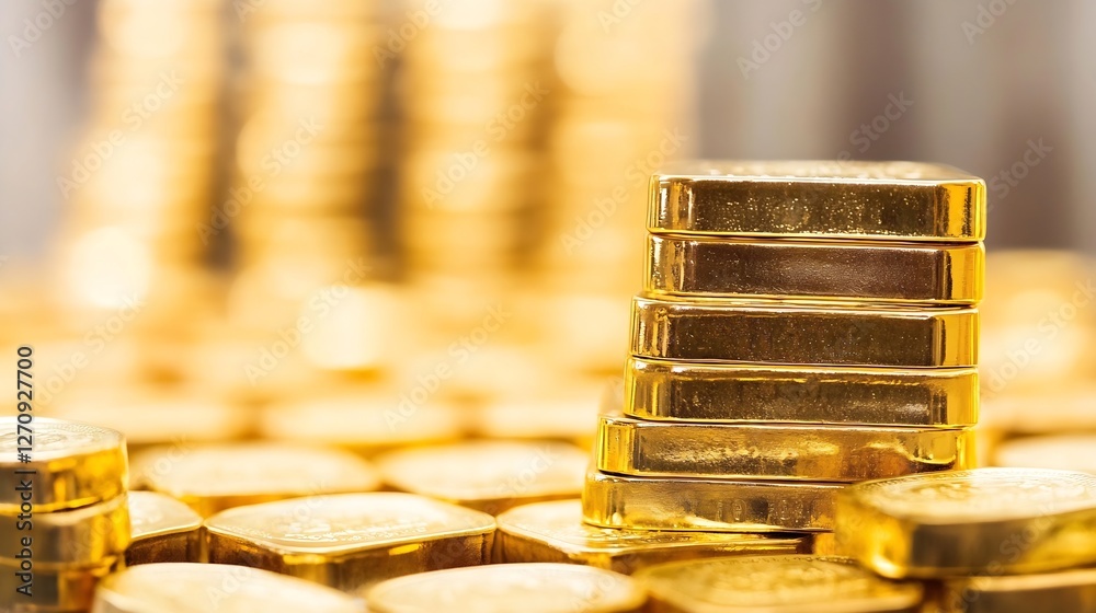 Poster stacks of glimmering gold bars and coins symbolizing wealth and prosperity : generative ai