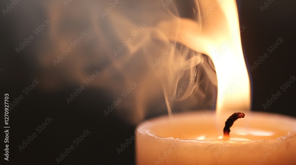 Aufkleber Captivating close up of a burning candle with swirling smoke creating a peaceful ambiance in soft light : Generative AI