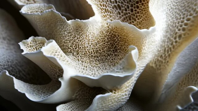 Close-up of delicate coral, intricate textures, dark ocean backdrop, research/decor