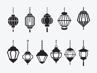 Ramadan Lantern Silhouette Set. Hanging Islamic Lantern Collection. Decorative Eid Lantern Elements.