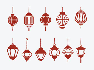 Ramadan Lantern Silhouette Set. Hanging Islamic Lantern Collection. Decorative Eid Lantern Elements.
