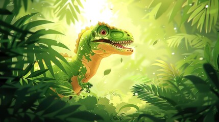 A vibrant dinosaur peeks through lush foliage in a sunlit jungle setting.
