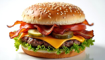 Bacon cheeseburger on white. Hamburger includes beef patty, cheese, bacon strips, fresh crisp lettuce, tomato, pickles. Burger topped with sesame seed bun. Fast food meal on plain backdrop.