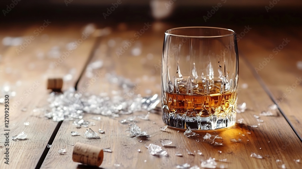 Aufkleber whiskey glass surrounded by broken glass fragments creating a dramatic and moody bar scene : generat