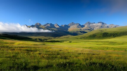 Fototapeta premium Vibrant Wildflower Meadow with Majestic Mountain Range Under a Clear Blue Sky