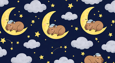 Capybara Sleeping on Moon and Stars Background Wallpaper