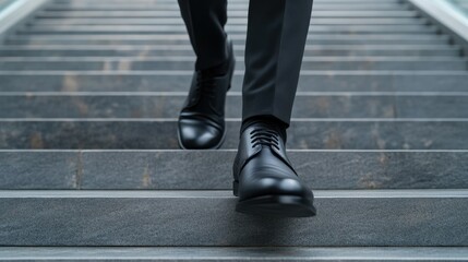 Naklejka premium A person dressed in professional business attire gracefully descends a modern staircase, surrounded by an urban environment on a sunny day