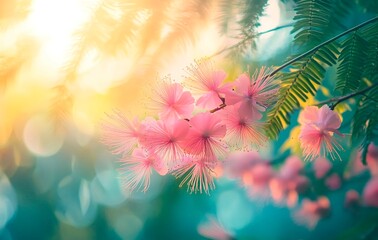 Close-up of delicate mimosa flowers on a tree.  Spring desktop wallpaper.