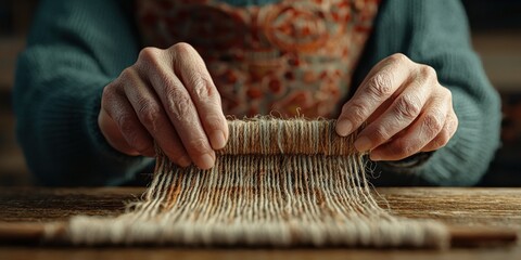 handicrafts weaving technique concept. Hands weaving a textile on a traditional loom.