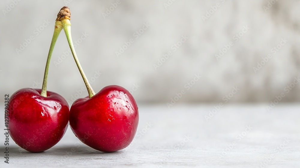 Poster two bright red cherries posed together on a subtle gray surface spotlighting freshness : generative 