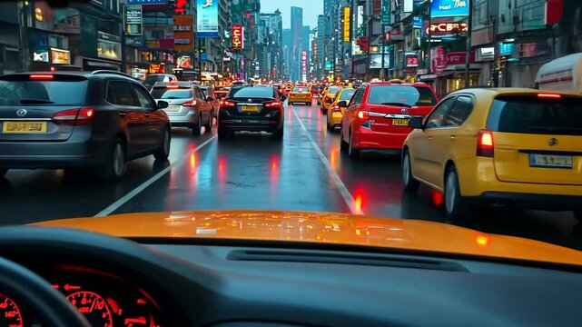 Driving in rainy Times Square traffic jam, cityscape background