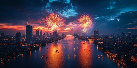Vibrant Fireworks Over an Illuminated City Skyline at Night