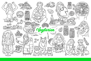 Vegetarians people eating salads made from organic products and refuse to eat animal meat. Vegetarians oppose use of natural fur and consumption of unhealthy foods of non-plant origin. Hand drawn.