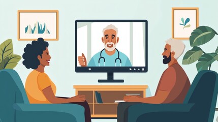 Elderly couple consulting with a doctor through a telemedicine video call.