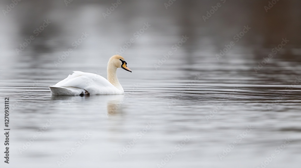 Poster graceful swan gliding on calm water surface in soft natural light : generative ai