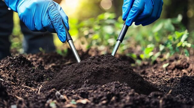 Gloved hands testing forest soil sample with probes, sunlight background
